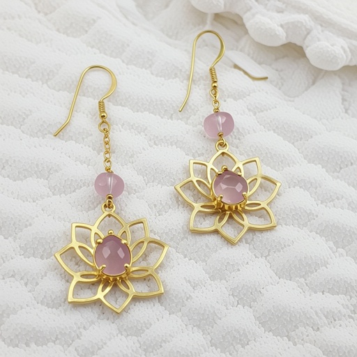 Светлое матовое золото. Серьги с лотосом на длинных цепочках. По центру лотоса неровный камень необрабаботанного розового кварца, от лотоса идет цепочка с еще одним камнем кварца на конце. Серьги тонкие и легкие