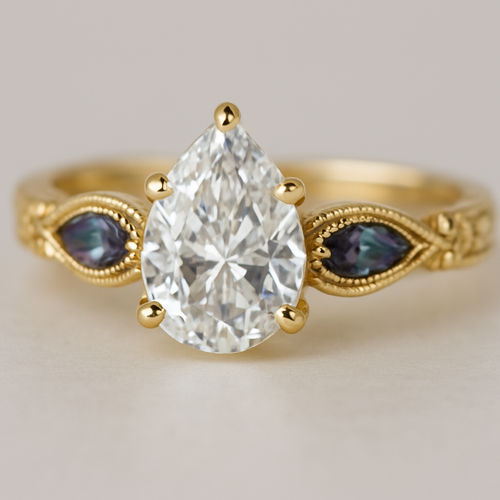 2 carat pear cut diamond engagement ring with double claw prongs in yellow gold ring with marquise shaped alexandrite side stones 