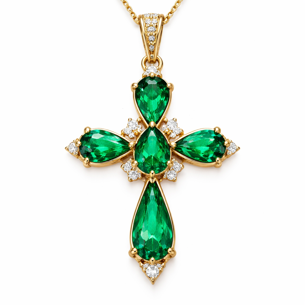 Pear cut Emerald Cross in yellow gold. Classic and stunning. A few accent diamonds.