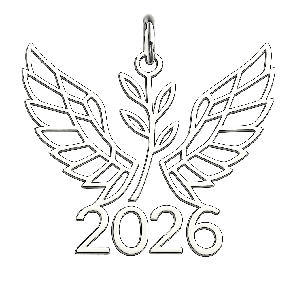 Shiny silver cut-out charm only with  two spread out bird wings, an olive branch and  along year 2026