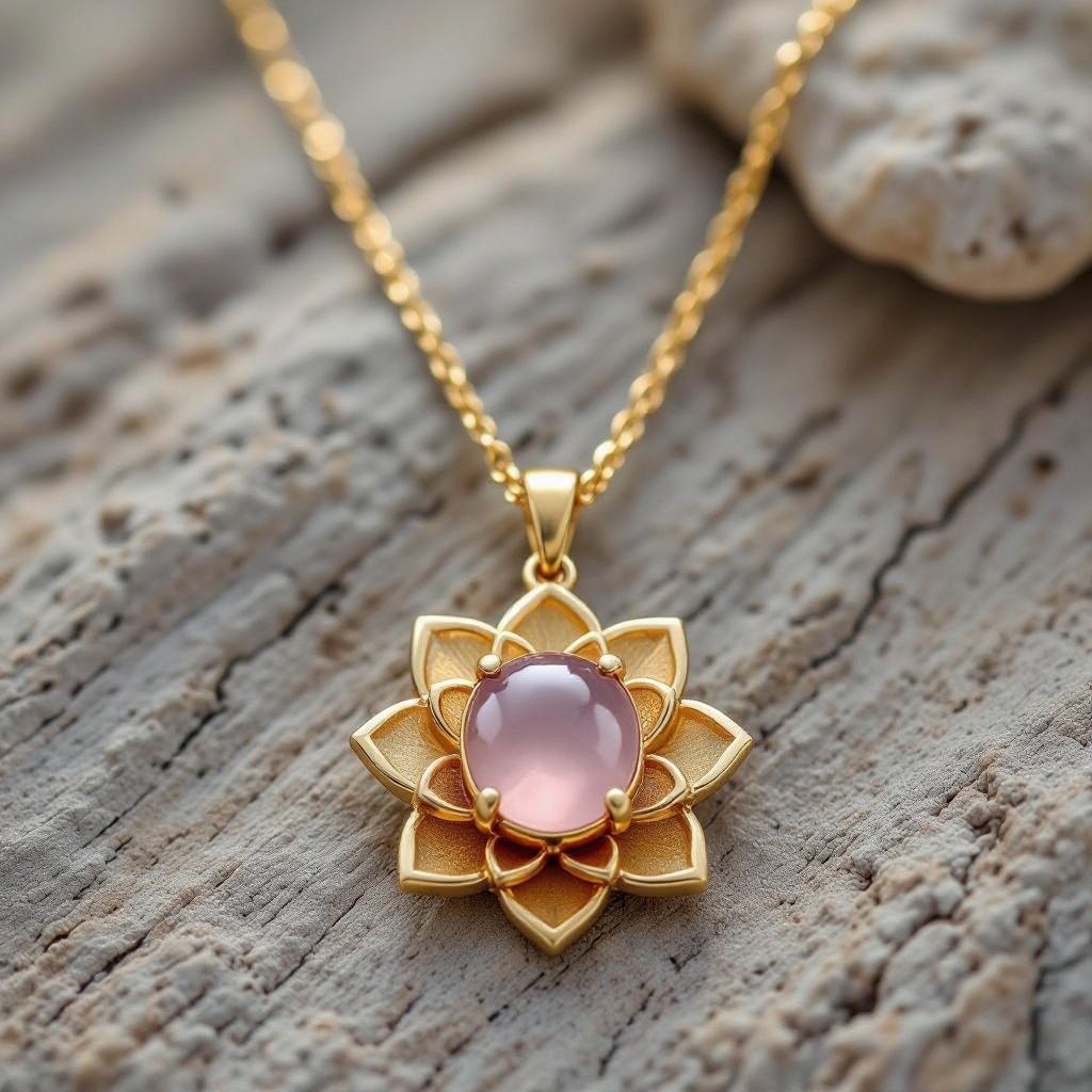 Золотая матовая цепочка. Подвеска матовая лотос шесть лепестков нижние лепестки крупнее верхних  не круглый . В сердце лотоса матовый розовый кварц овальный