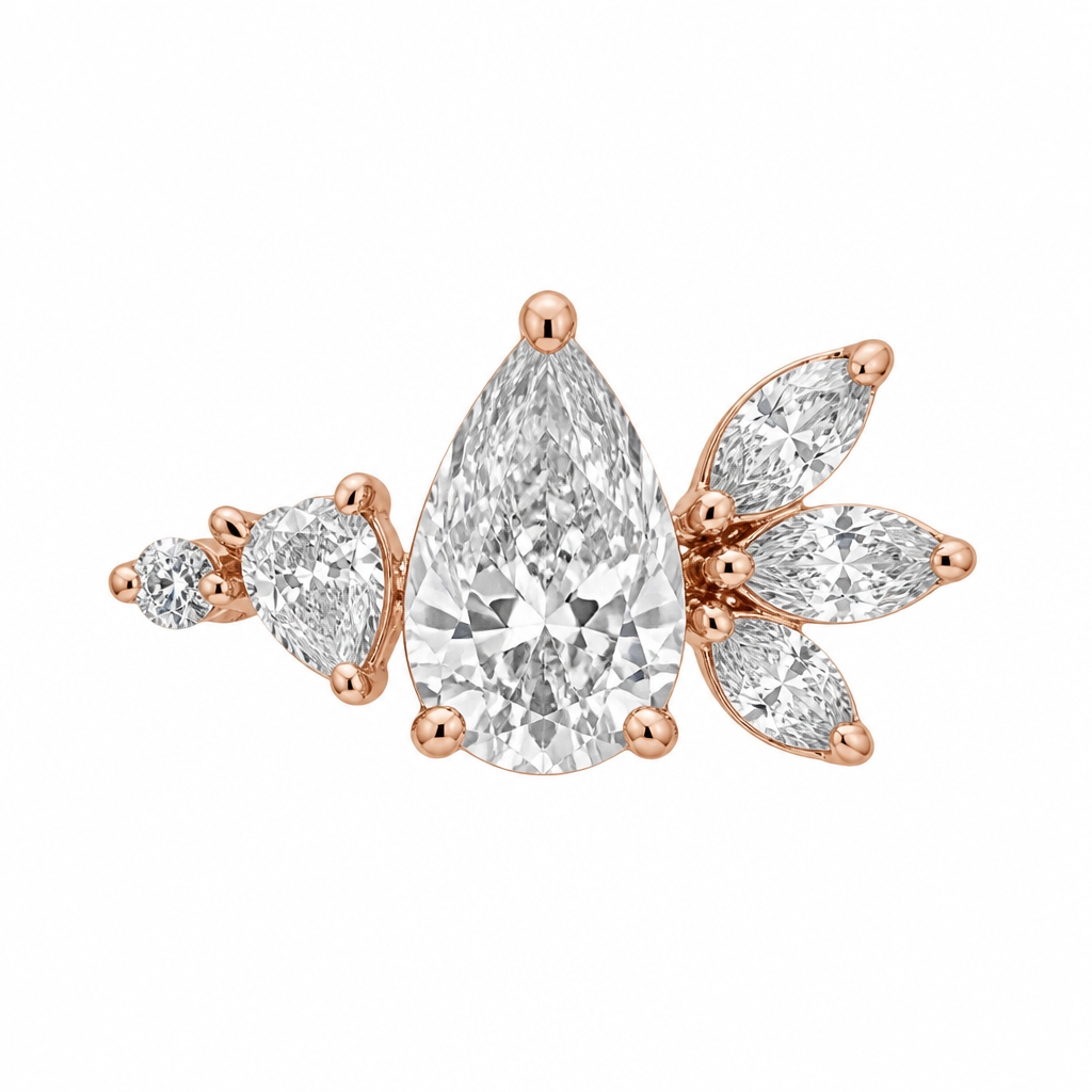 "pear shape center with very small 3 marquis on right side and one very small pear on left side with very small round on left side in rose gold setting
photorealistic jewelry design, "pear shape center with very small 3 marquis on right side and one very small pear on left side with very small round on left side in rose gold setting, just the design no text
