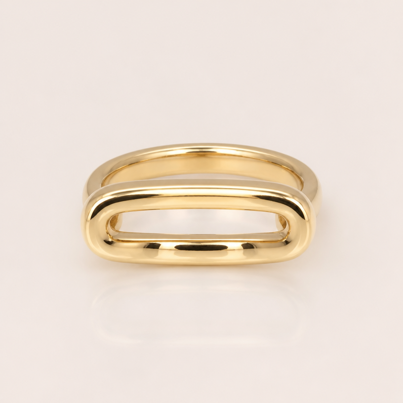 A minimalist women's ring made of gold
using the attached image as a visual reference, create A minimalist women's ring made of gold. photorealistic, just the design no text