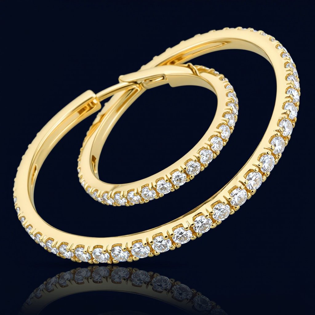 Celestial Orbit Hoops 	•	Style: Overlapping dual hoops; smaller hoop spins on axis inside larger hoop. 	•	Dimensions: Outer hoop Ø 28 mm; inner hoop Ø 18 mm. 	•	Material: 18K gold-plated sterling silver or brass base. 	•	Gem Details: Outer hoop paved with lab diamond dusting (VS, 0.8mm–1mm stones). 	•	Closure: Lock-in hinge snap closure. 	•	Notes: Movement must be smooth and durable for spinning hoop. 