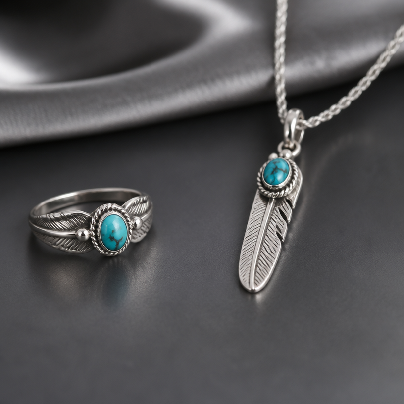 A women's ring made of silver with turquoise stones suitable for daily wear. feather necklace
using the attached image as a visual reference, create A women's ring made of silver with turquoise stones suitable for daily wear. feather necklace. photorealistic, just the design no text