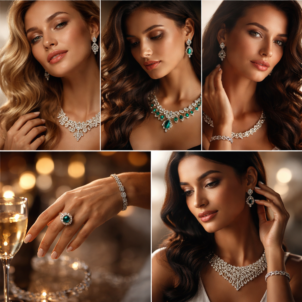5 Ai model wearing jewelry : r/StableDiffusion Create high-quality, engaging jewelry videos with models using detailed, descriptive AI prompts focusing on, lighting, movement, and mood. Utilize keywords like "cinematic," "slow-motion," "macro close-ups," and "4K clarity". Key elements include natural, soft-focus lighting, luxurious settings, and detailed, close-up shots of the jewelry in motion.
