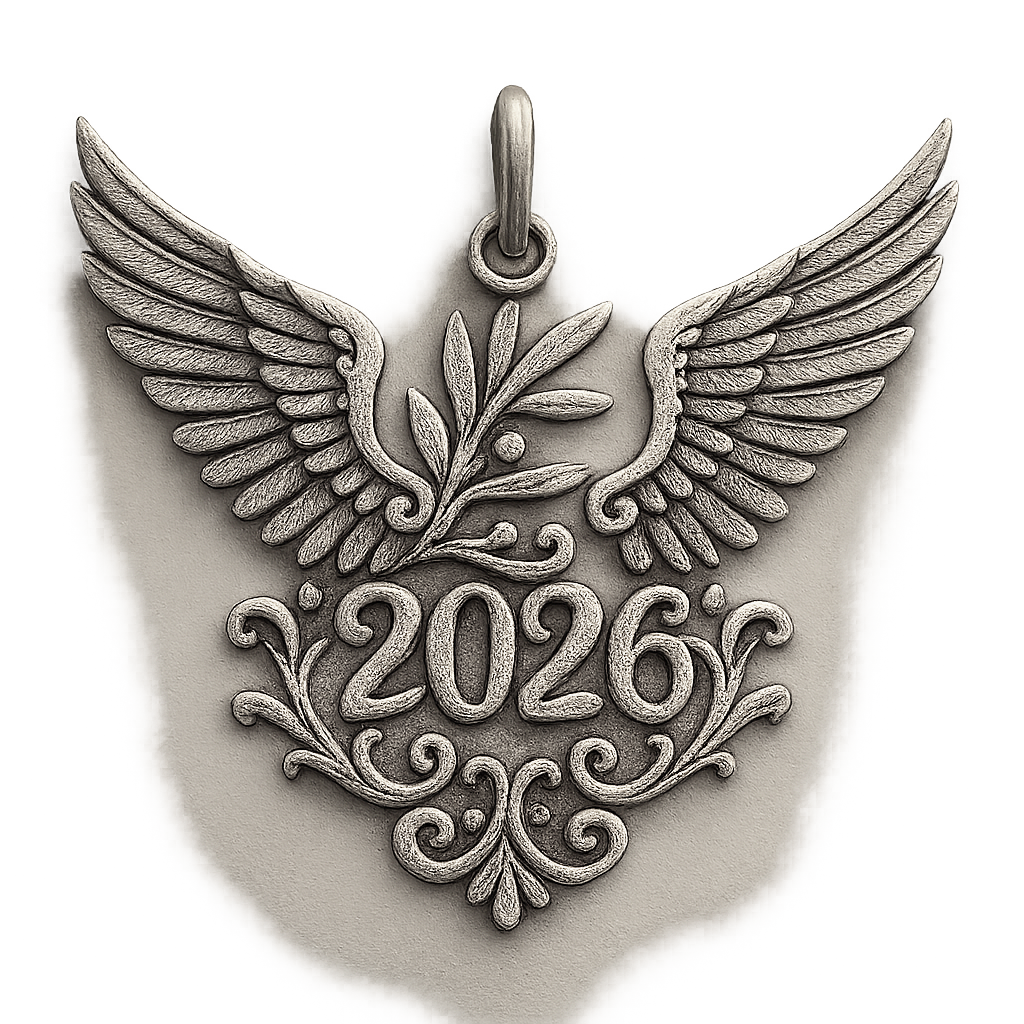 Slim silver cut-out charm only with  two spread out bird wings, an olive branch and  along year 2026