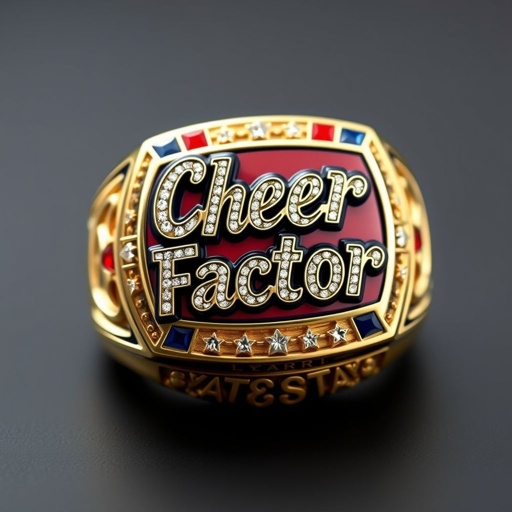 Red white and blue medal ring that says cheer factor