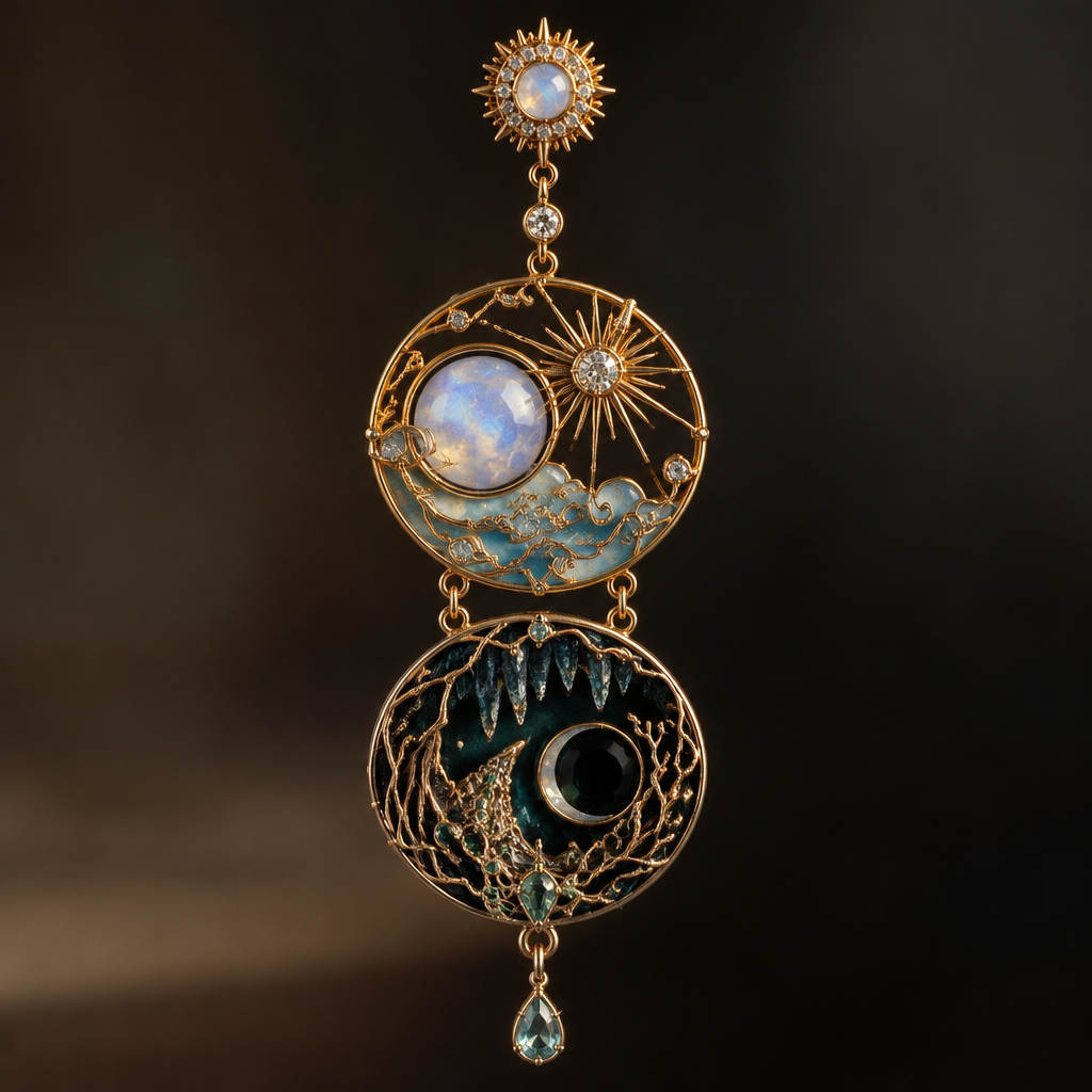 earring that displays two worlds through gemstones and filigree style metal/gold work. One world being above and the other below.
photorealistic jewelry design, earring that displays two worlds through gemstones and filigree style metal/gold work. One world being above and the other below., just the design no text