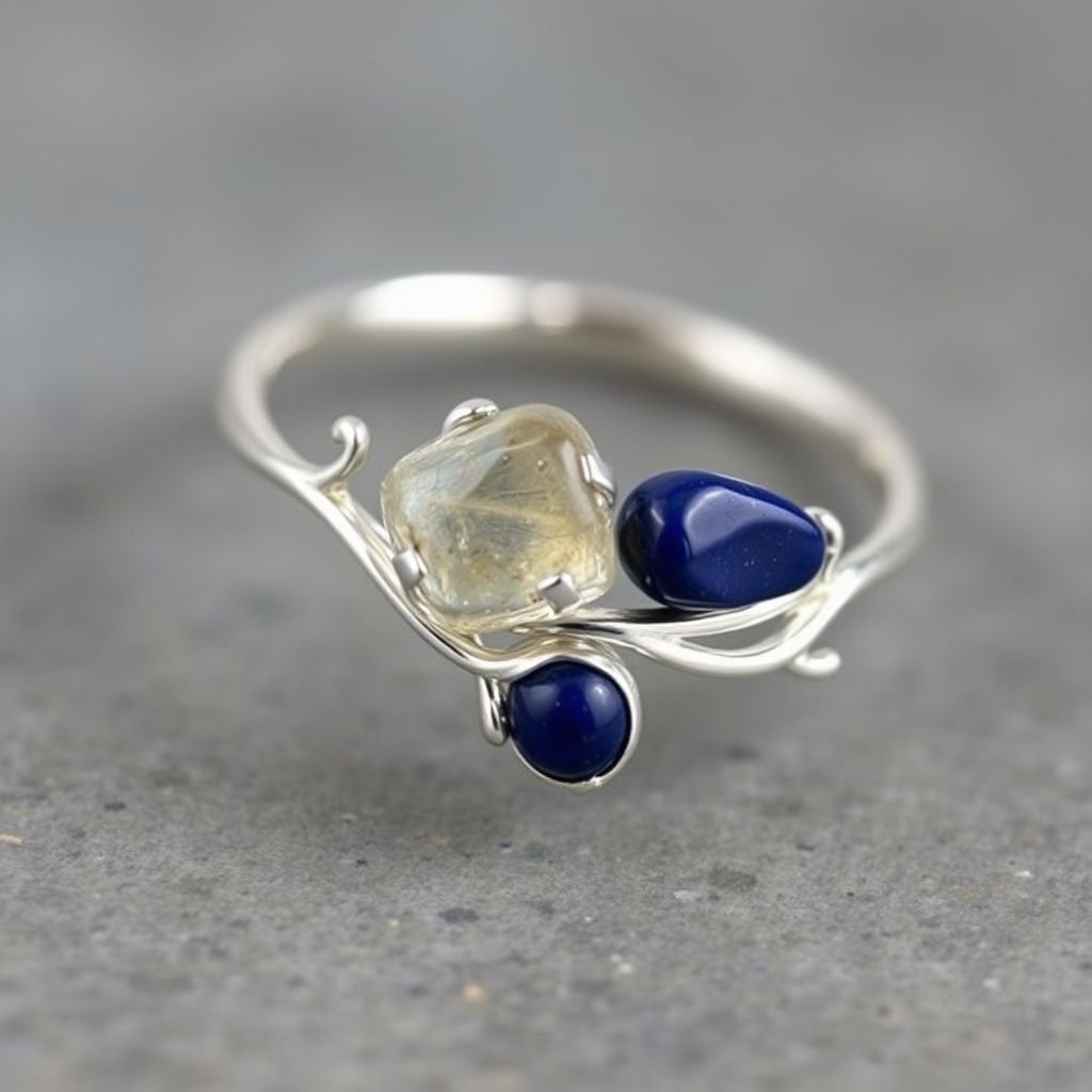 Design silver adjustable ring, use minimum silver, use 2 raw natural gemstones 