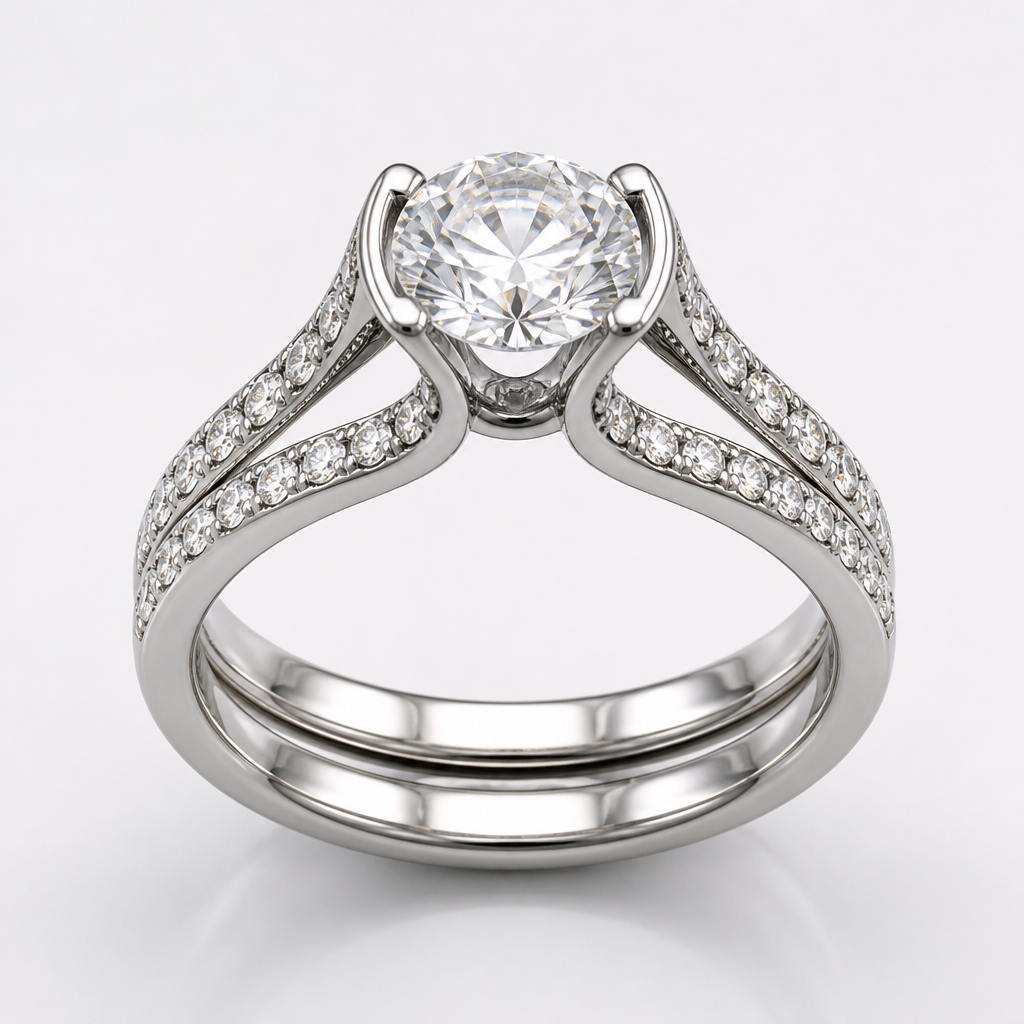 A women's ring made of platinum with diamond stones. wedding band that is 1 piece but can have a ring put between the two sides, and curves out roundly to not obstruct the peekaboo gem. with gemstones on top going halfway down the ring.
photorealistic jewelry design, A women's ring made of platinum with diamond stones. wedding band that is 1 piece but can have a ring put between the two sides, and curves out roundly to not obstruct the peekaboo gem. with gemstones on top going halfway down the ring., modern style, just the design no text