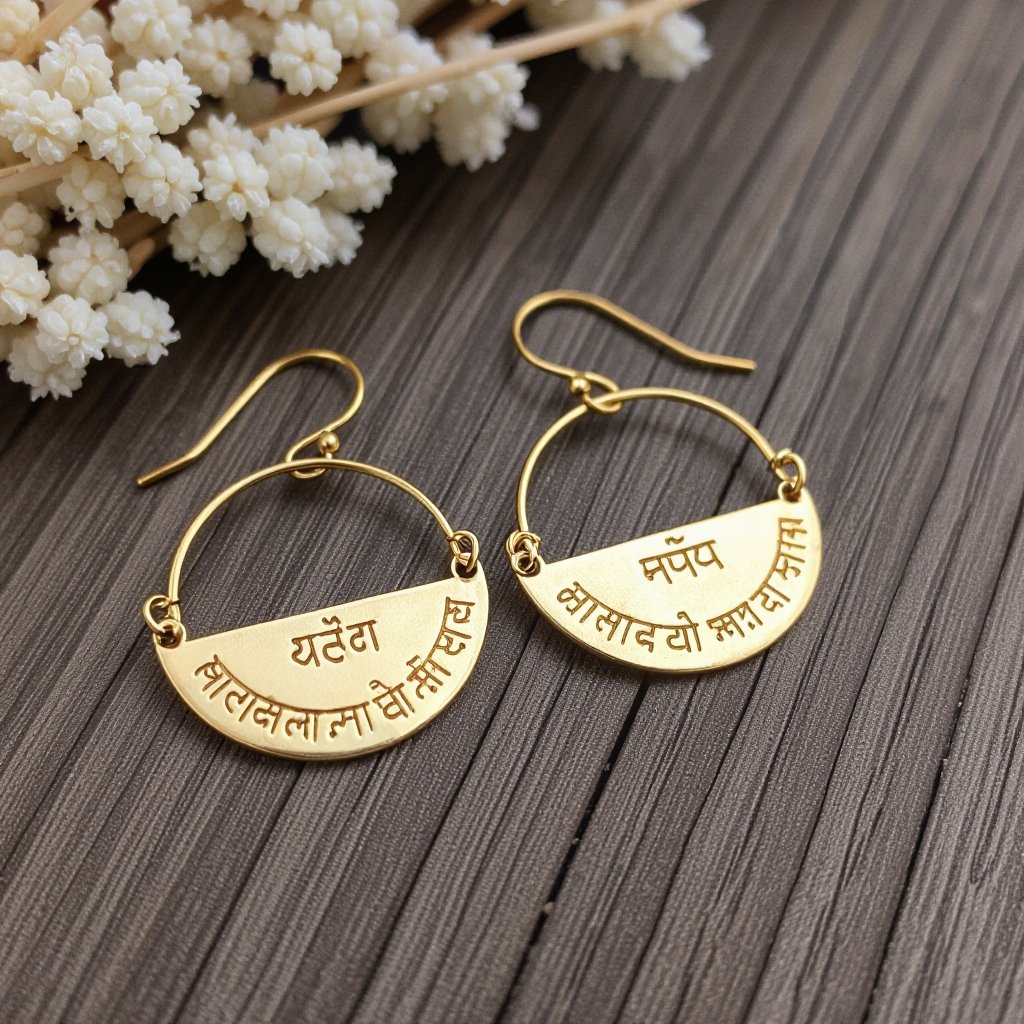 Серьги золотые в форме тонкого изящного полумесяца, полукруг как продолжение застежки, на полукруге надписи мантрами на санскрите