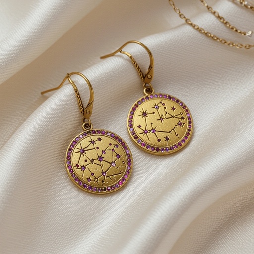 Серьги и кулон в одном стиле. Светлое матовое состаренное мятое золото. На круге изобрежены созвездия. Очень маленькие сиреневые камушки. 