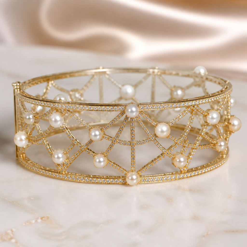A luxury women's bracelet made of gold with diamond stones suitable for birthday. un brazalete fino de oro entrelazadas con perlas estilo telarañas y que sean de 2 pisos
photorealistic jewelry design, A luxury women's bracelet made of gold with diamond stones suitable for birthday. un brazalete fino de oro entrelazadas con perlas estilo telarañas y que sean de 2 pisos, luxury style, just the design no text