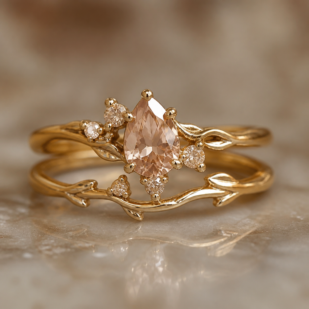 Show me a second piece golden engagement/ wedding ring set with a rose diamond
photorealistic jewelry design, Show me a second piece golden engagement/ wedding ring set with a rose diamond , nature_inspired style, just the design no text