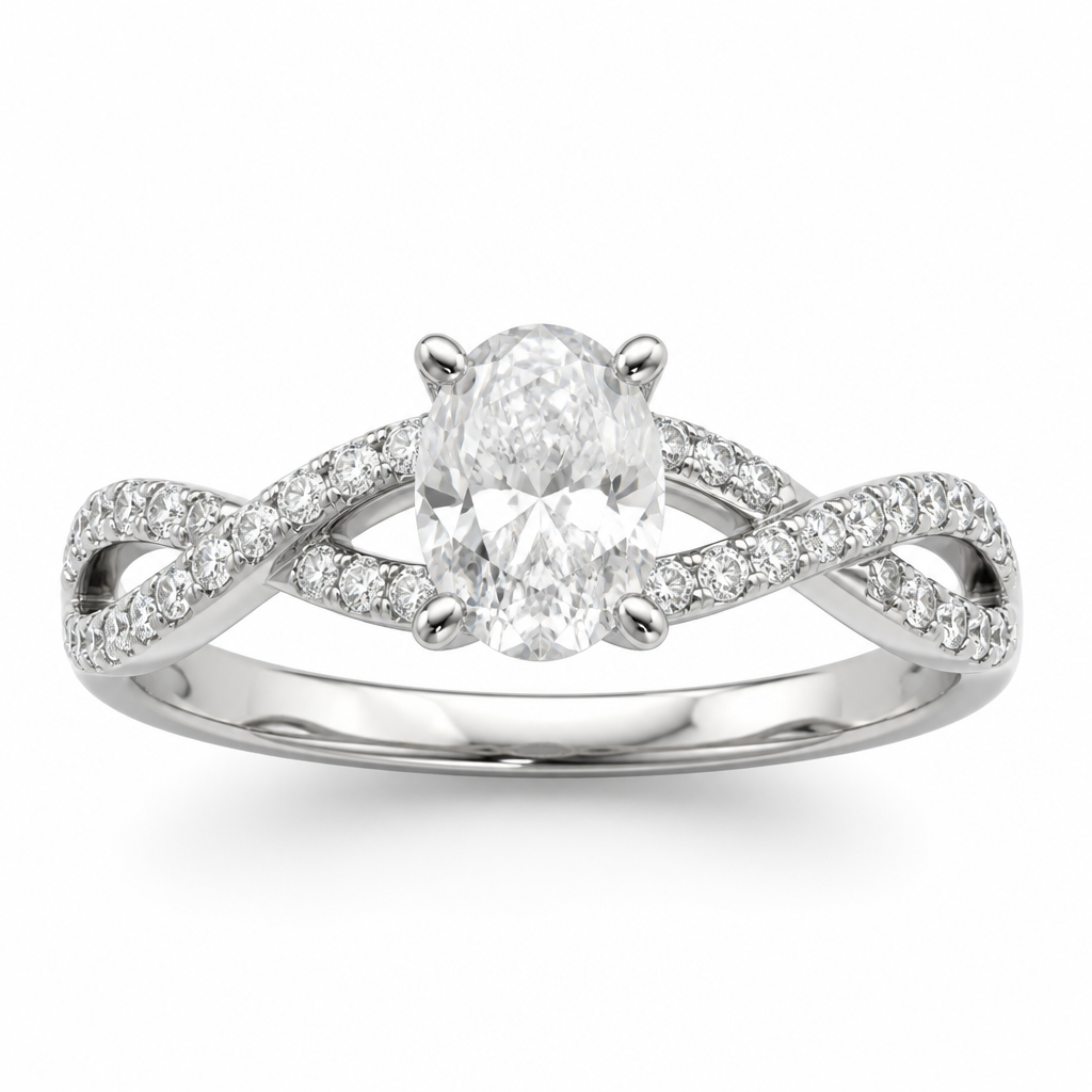 A contemporary women's ring made of white gold with diamond stones suitable for wedding. A 0.70-carat oval diamond is used as the center stone.
photorealistic jewelry design, A contemporary women's ring made of white gold with diamond stones suitable for wedding. A 0.70-carat oval diamond is used as the center stone., contemporary style, just the design no text