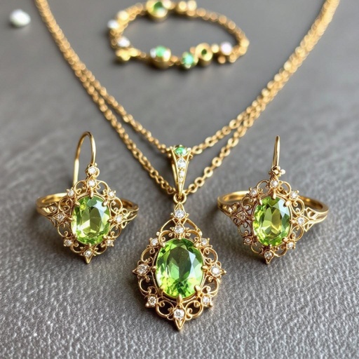 Modern peridot earring and necklace and ring  jewelry design with gold