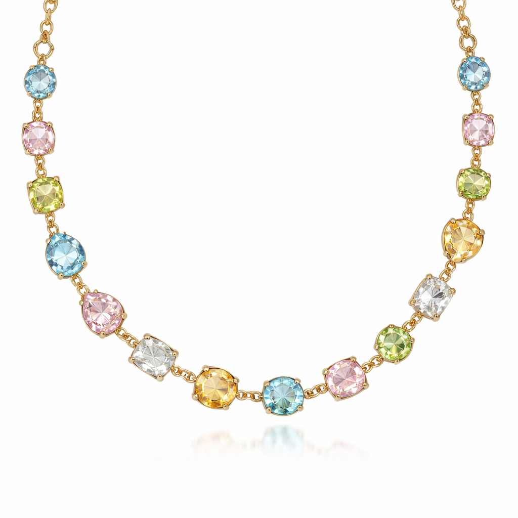 18 inch Gemstone necklace with gold chain that connects the stones. Colorful gemstones that are light blue, pink, yellow, clear, and green. May the gemstones be 6 mm and different shapes
18 inch Gemstone necklace with gold chain that connects the stones. Colorful gemstones that are light blue, pink, yellow, clear, and green. May the gemstones be 6 mm and different shapes , bespoke style