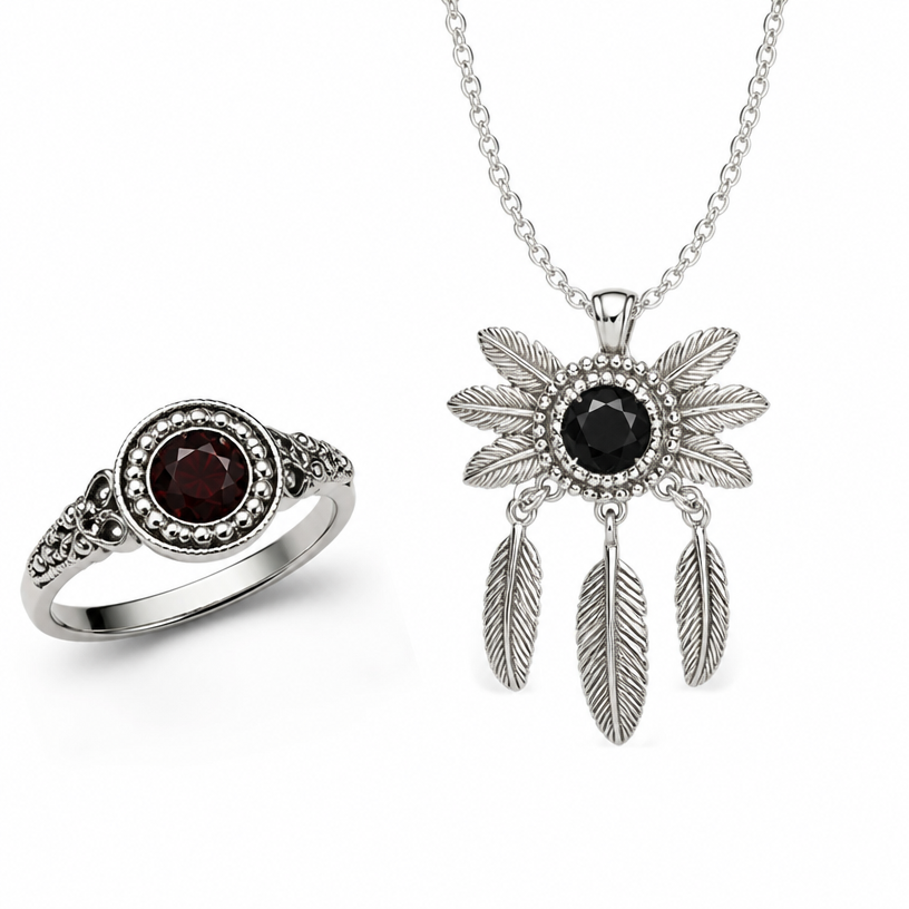A women's ring with garnet stones. pendant with feathers around and black gemstone in the middle
using the attached image as a visual reference, create A women's ring with garnet stones. pendant with feathers around and black gemstone in the middle. photorealistic, just the design no text