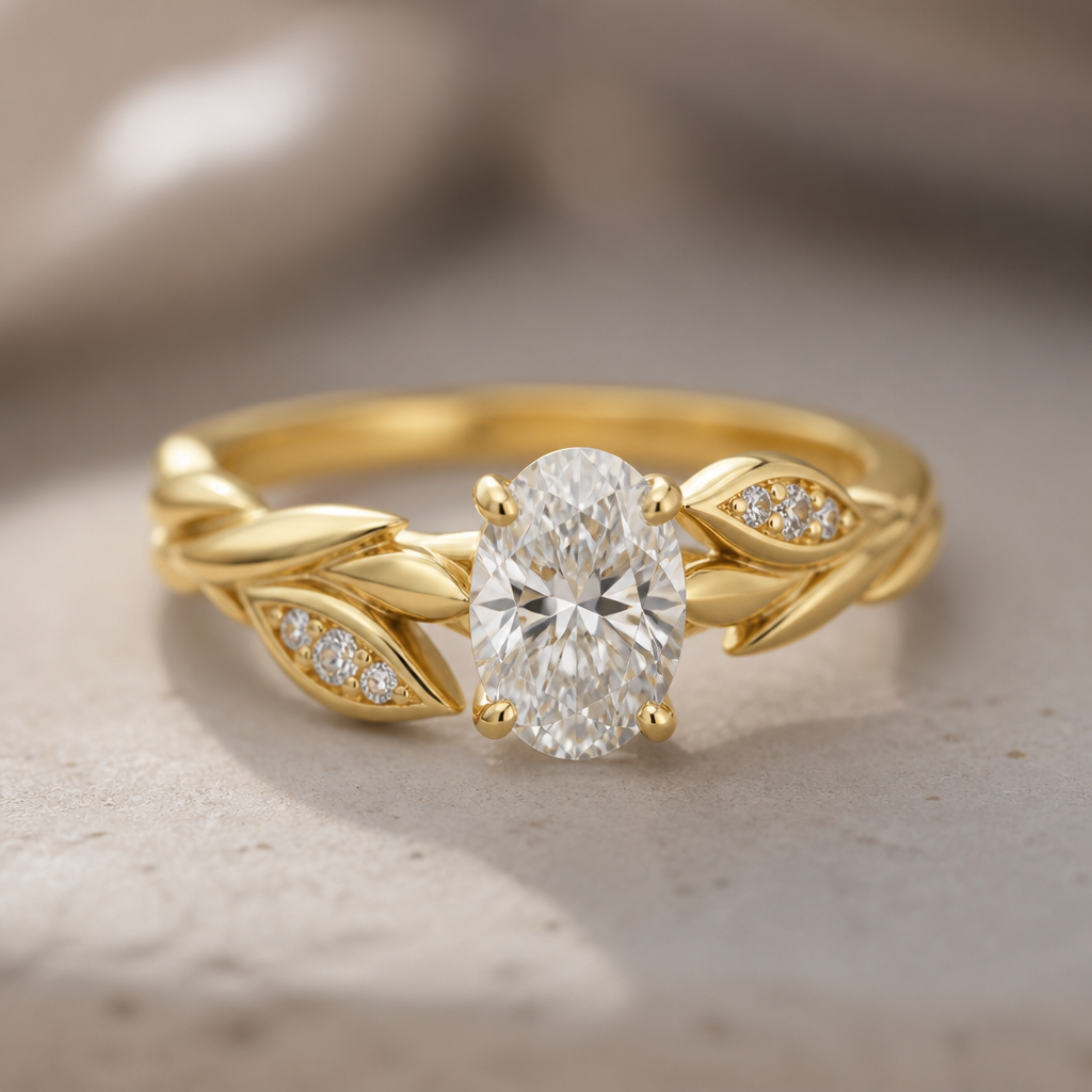 A nature-inspired women's ring made of gold with diamond stones suitable for engagement. a nature inspired gold ring with an oval diamond. the leaves must not be able to get hooked to things
photorealistic jewelry design, A nature-inspired women's ring made of gold with diamond stones suitable for engagement. a nature inspired gold ring with an oval diamond. the leaves must not be able to get hooked to things, nature_inspired style, just the design no text