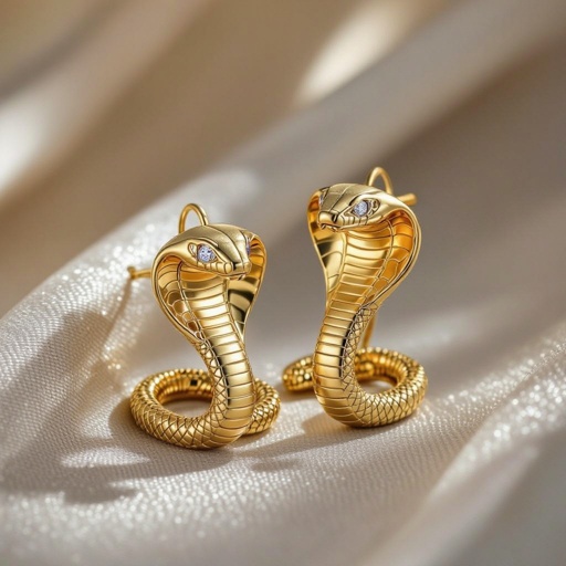 Небольшие золотые матовые серьги в виде кобры с открытым капюшоном