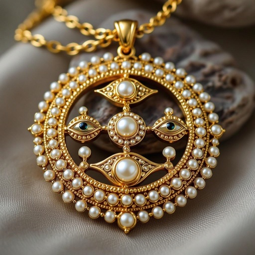 Кулон на длинной цепочке. Матовое светлое золото. В цепочке небольшие золотые шарики и жемчуг. Кулон в форме трех глаз, два горизонтально и один между ними сверху вертикально узоры завитушки 