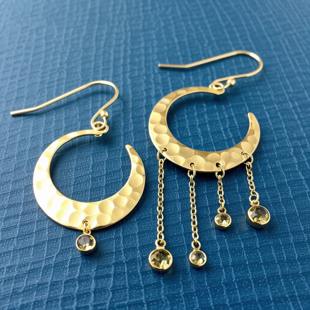 Золотые серьги словно мятое золото в форме узкого изящного полумесяца. Верхушка полумесяца крепится к застежке серьги.  От полумесяца идет три цепочки, у каждой на конце мелкий камушек цитрин