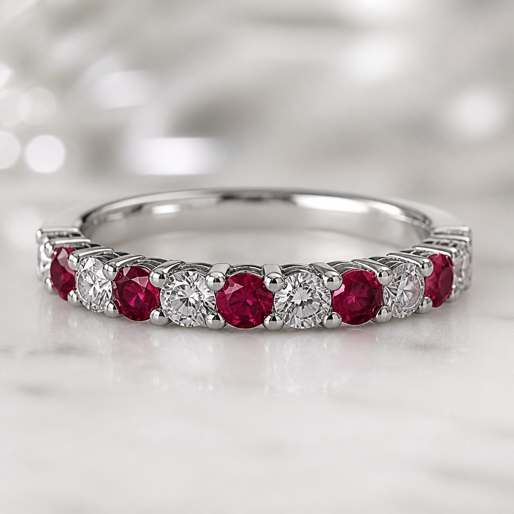 A women's ring made of white gold with ruby and diamond stones. create a classic luxury styled anniversary band
photorealistic jewelry design, A women's ring made of white gold with ruby and diamond stones. create a classic luxury styled anniversary band, modern style, just the design no text