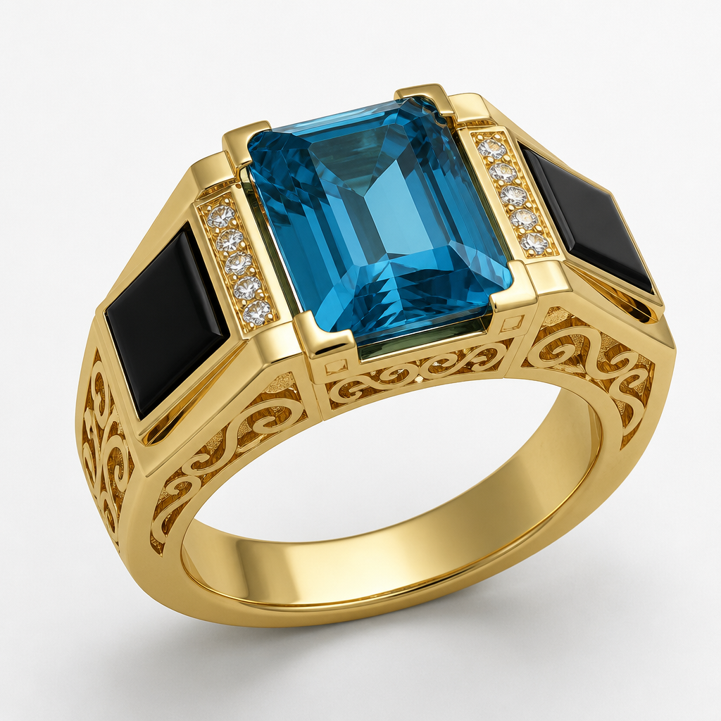 A women's ring. photorealistic jewelry design, A men's luxury ring, 18k yellow gold, featuring a large, central emerald-cut natural blue topaz, flanked by two square black enamel inlays. Small round micro-pave diamond accents are set on the shoulders next to the blue topaz. Filigree scrollwork and texturing are detailed on the sides and under the basket. High-end finish, sharp details, photorealistic lighting, modern and architectural style, just the design no text, high-resolution render.
photorealistic jewelry design, A women's ring. photorealistic jewelry design, A men's luxury ring, 18k yellow gold, featuring a large, central emerald-cut natural blue topaz, flanked by two square black enamel inlays. Small round micro-pave diamond accents are set on the shoulders next to the blue topaz. Filigree scrollwork and texturing are detailed on the sides and under the basket. High-end finish, sharp details, photorealistic lighting, modern and architectural style, just the design no text, high-resolution render., modern style, just the design no text