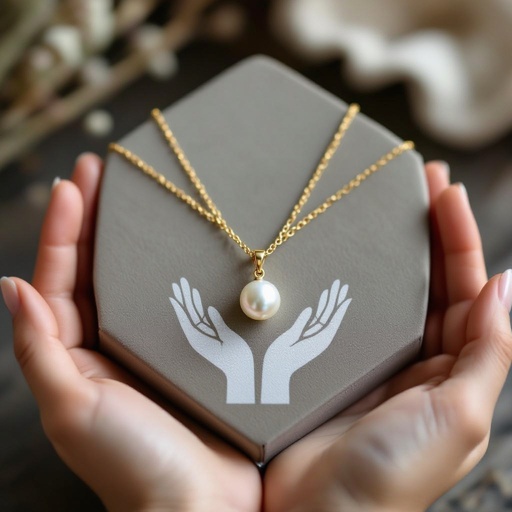 Украшение на шею золотая цепочка с подвеской в виде двух ладоней которые держат жемчужину по центру