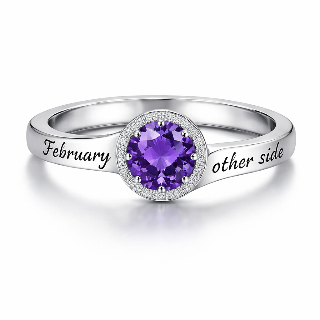 A women's ring made of silver. on one side of the ring by by gem, I want "February". And on the opposite side of the gem, on the ring, I want " other side"
A women's ring made of silver. on one side of the ring by by gem, I want "February". And on the opposite side of the gem, on the ring, I want " other side", modern style