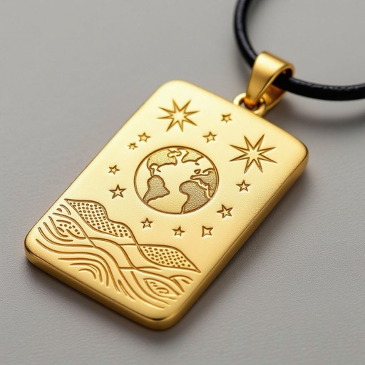 Золотой матовый медальон в форме неровного прямоугольника с округлыми краями. По краям выпуклые точки сплошной линией. На прямоугольнике разные мелкие узоры вырезаны. Символически изображена земля и звезды