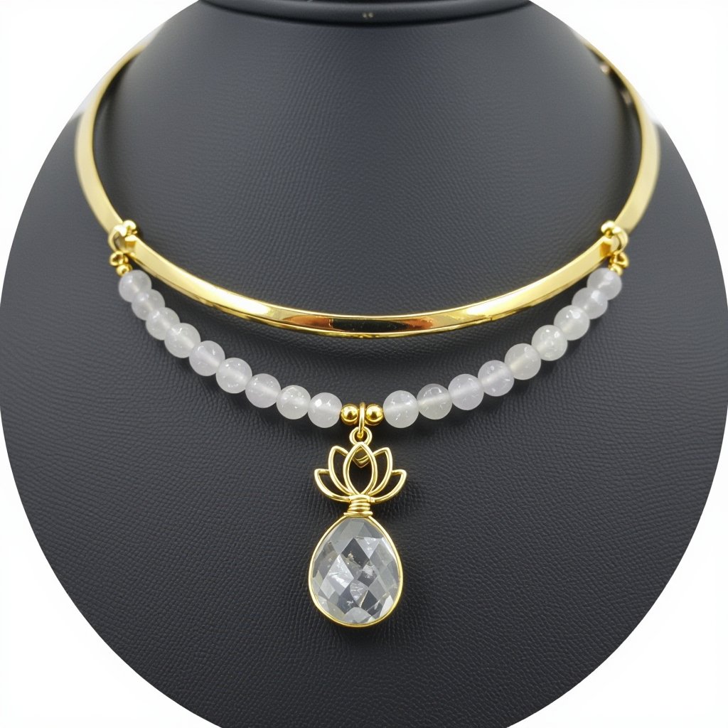 Чокер из натурального необработанного кварца неровной формы бусины с золотой маленькой подвеской в форме лотоса