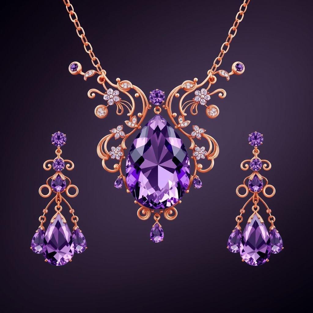 Drop cut, 50 carat Amethyst gemstone necklace and earrings 
