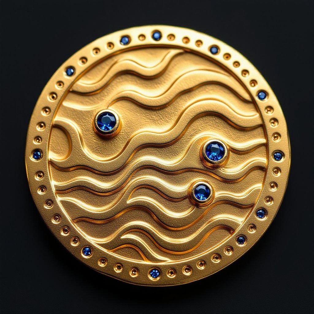 Золотой матовый медальон в форме неровного круга с неровными краями. По краям выпуклые точки сплошной линией. На круге разные волнистые узоры словно волны. Три миниатюрных голубых камушка хаотично расположены в круге