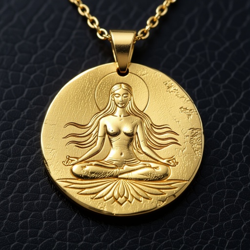 Золотой кулон в виде неровного круга в круге выгравирована женщина с длинными волосами в позе лотоса