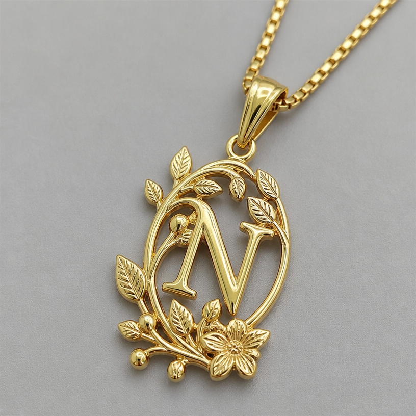 A nature women's pendant made of gold, detailed and decorative, moderately ornate. dije de 3 gramos con inicial N
using the attached image as a visual reference, create A nature women's pendant made of gold, detailed and decorative, moderately ornate. dije de 3 gramos con inicial N. photorealistic, just the design no text