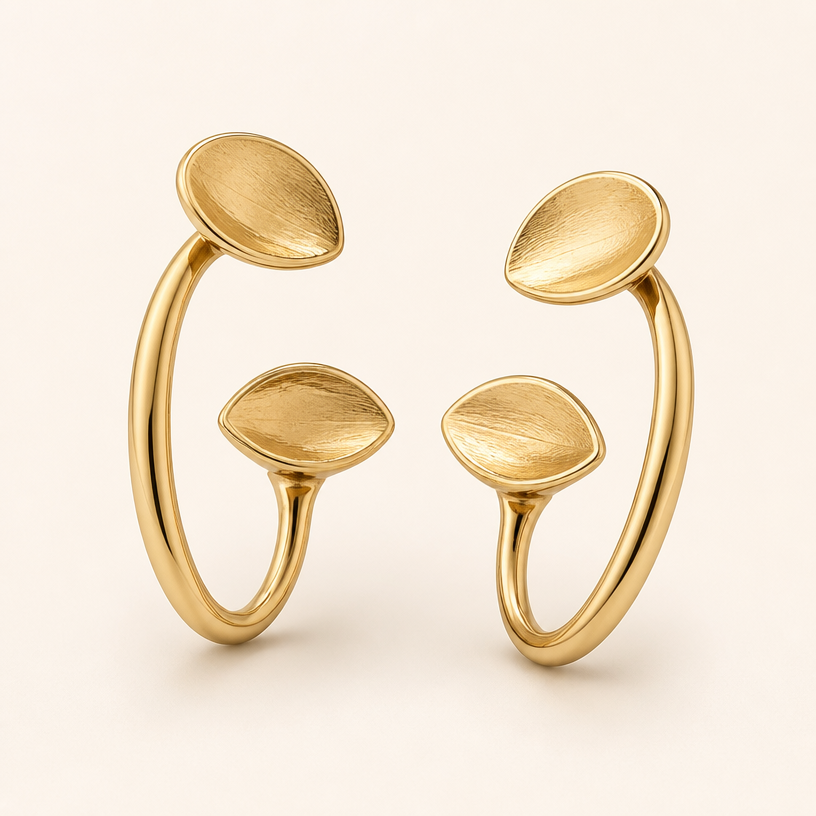 A nature women's earrings made of gold, minimalist, simple and delicate, clean lines
using the attached image as a visual reference, create A nature women's earrings made of gold, minimalist, simple and delicate, clean lines. photorealistic, just the design no text