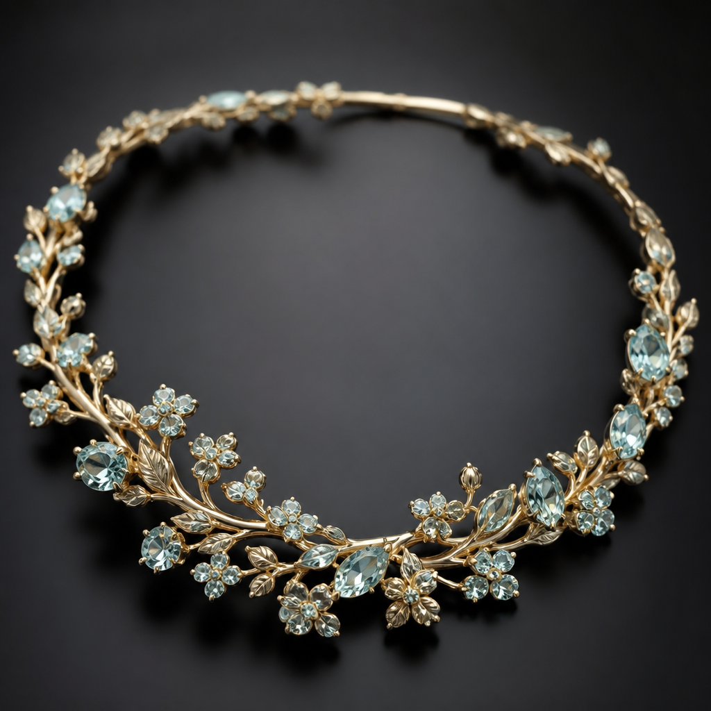 A bangle women's necklace made of gold with aquamarine stones suitable for formal, highly ornate, intricate and elaborate, richly detailed. delicado y sencillo pero con ramitas y florecitas
photorealistic jewelry design, A bangle women's necklace made of gold with aquamarine stones suitable for formal, highly ornate, intricate and elaborate, richly detailed. delicado y sencillo pero con ramitas y florecitas, bangle style, just the design no text