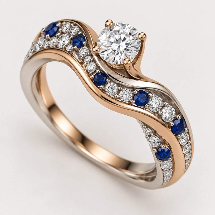 A modern women's ring made of mixed metal with diamond and sapphire stones. use the reference photo for gem size and shape only, but not as a design reference. create a ring with 33 of the smaller diamonds, 7 of the blue sapphires, and the one large diamond. do not cluster the gems.
using the attached image as a visual reference, create A modern women's ring made of mixed metal with diamond and sapphire stones. use the reference photo for gem size and shape only, but not as a design reference. create a ring with 33 of the smaller diamonds, 7 of the blue sapphires, and the one large diamond. do not cluster the gems.. photorealistic, just the design no text