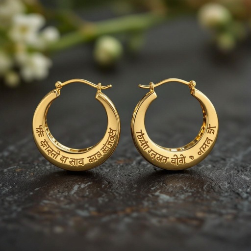 Серьги золотые в форме полукруга, полукруг как продолжение застежки, на полукруге надписи мантрами на санскрите