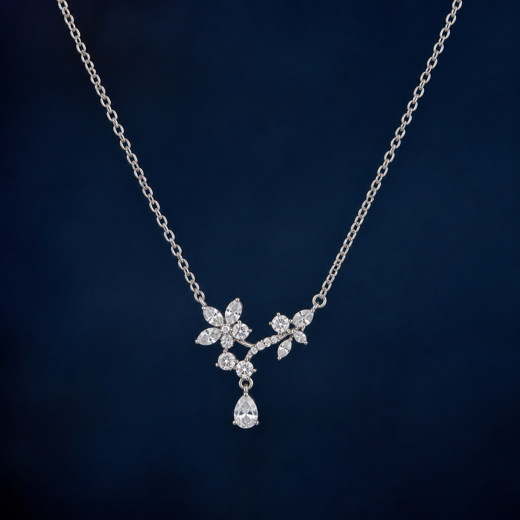 A minimalist women's necklace made of silver with diamond stones suitable for gift, detailed and decorative, moderately ornate. it should have a minimal chain and beautiful feature like design created with diamonds as the pendent
photorealistic jewelry design, A minimalist women's necklace made of silver with diamond stones suitable for gift, detailed and decorative, moderately ornate. it should have a minimal chain and beautiful feature like design created with diamonds as the pendent, minimalist style, just the design no text
