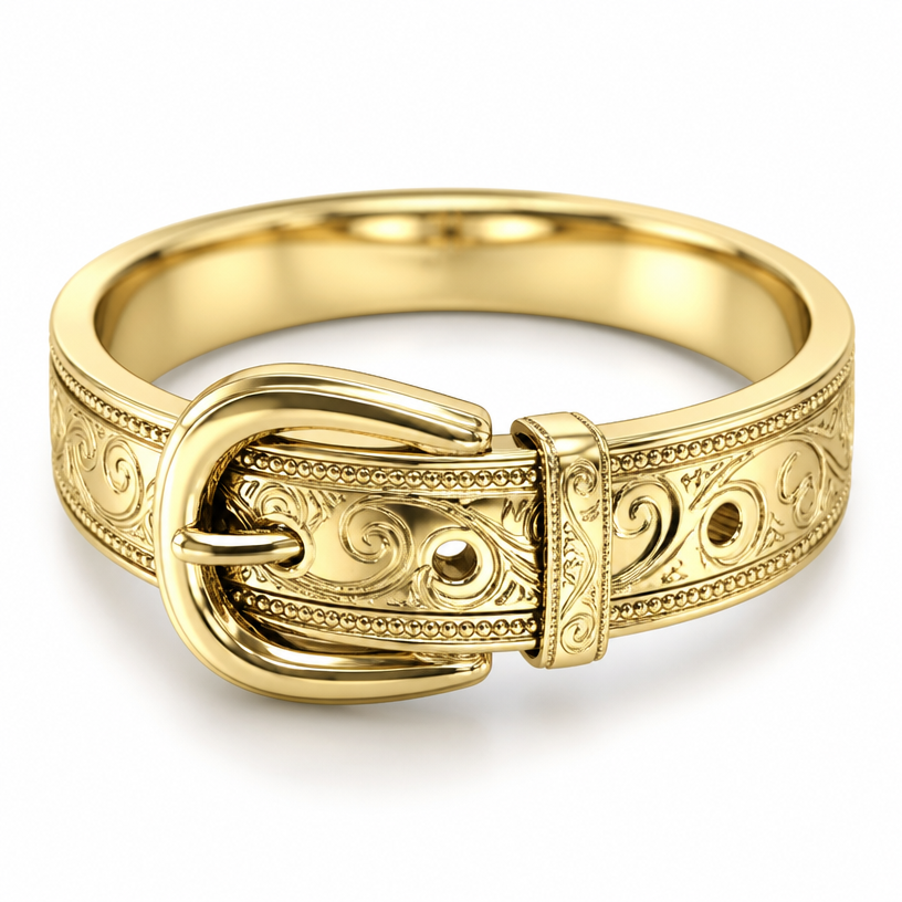 A women's ring. Use this image to make a buckle ring with the engraved design on the gold band
using the attached image as a visual reference, create A women's ring. Use this image to make a buckle ring with the engraved design on the gold band. photorealistic, just the design no text
