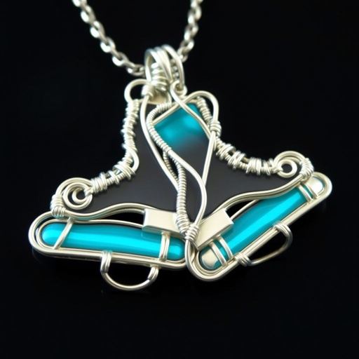 Silver pendant in the shape of ice skating blades with a turquoise stripe within the blade