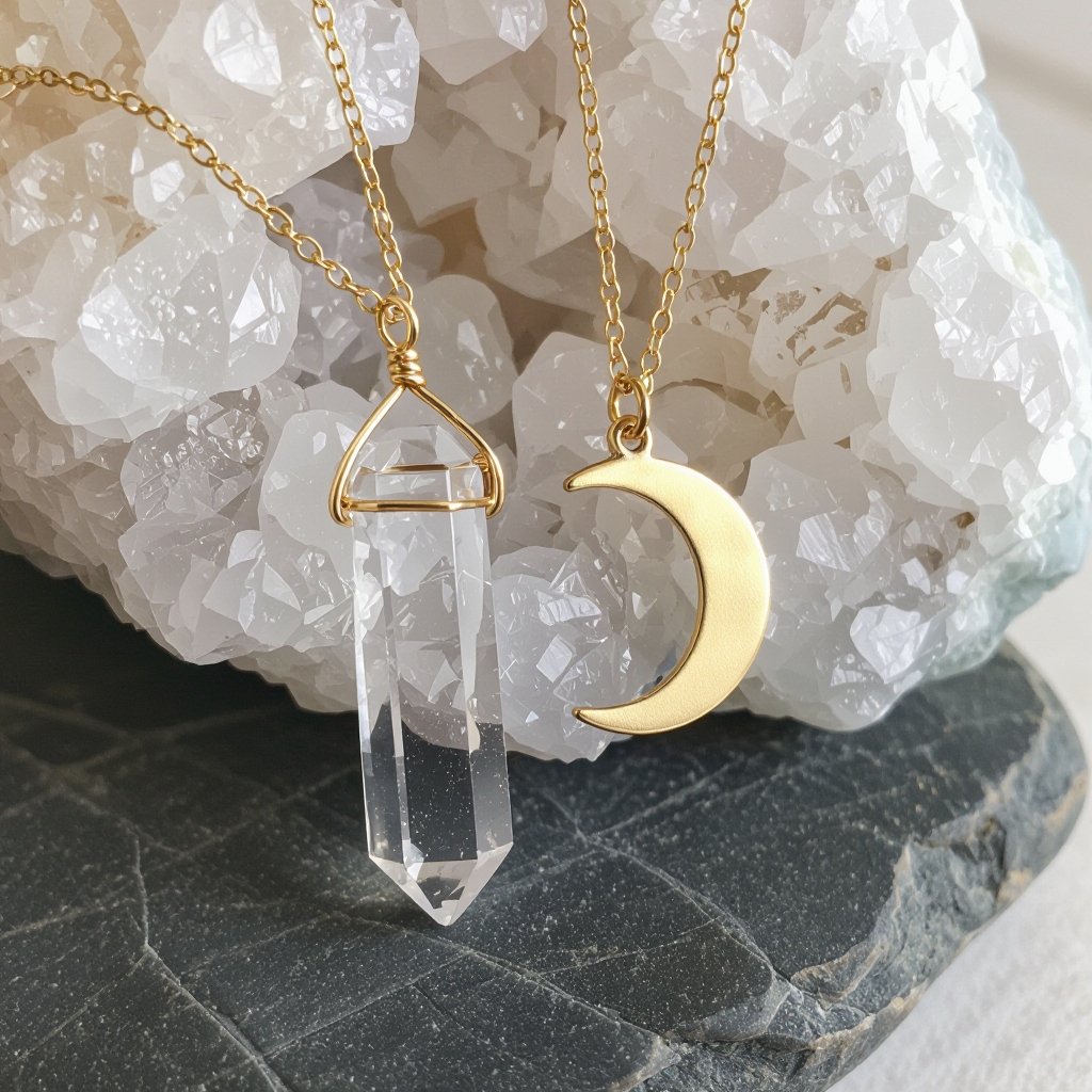 Прозрачный белый длинный кристалл горного хрусталя шестигранный золотой матовый тонкий полумесяц подвеска рядом все на одной цепочке