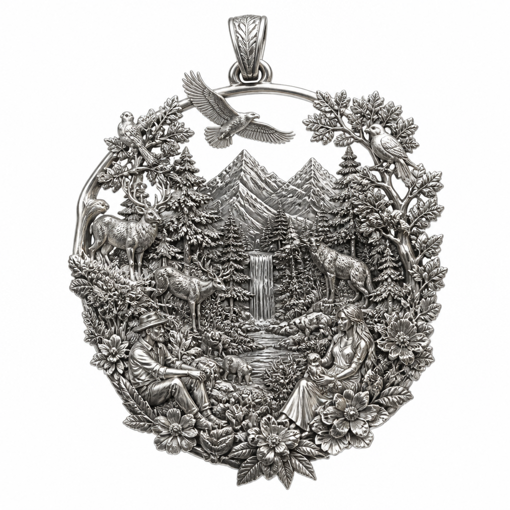 A nature women's pendant made of silver suitable for festival. An extraordinary excellent beautiful and delicate, super modern pendant with all the elements of nature, with all the animals, with all the plants and with all the flowers of the forest of the mountains, without stones, without background only the pendant, all the animals, plants, trees, flowers, women and men to be like statues.
photorealistic jewelry design, A nature women's pendant made of silver suitable for festival. An extraordinary excellent beautiful and delicate, super modern pendant with all the elements of nature, with all the animals, with all the plants and with all the flowers of the forest of the mountains, without stones, without background only the pendant, all the animals, plants, trees, flowers, women and men to be like statues., nature_inspired style, just the design no text