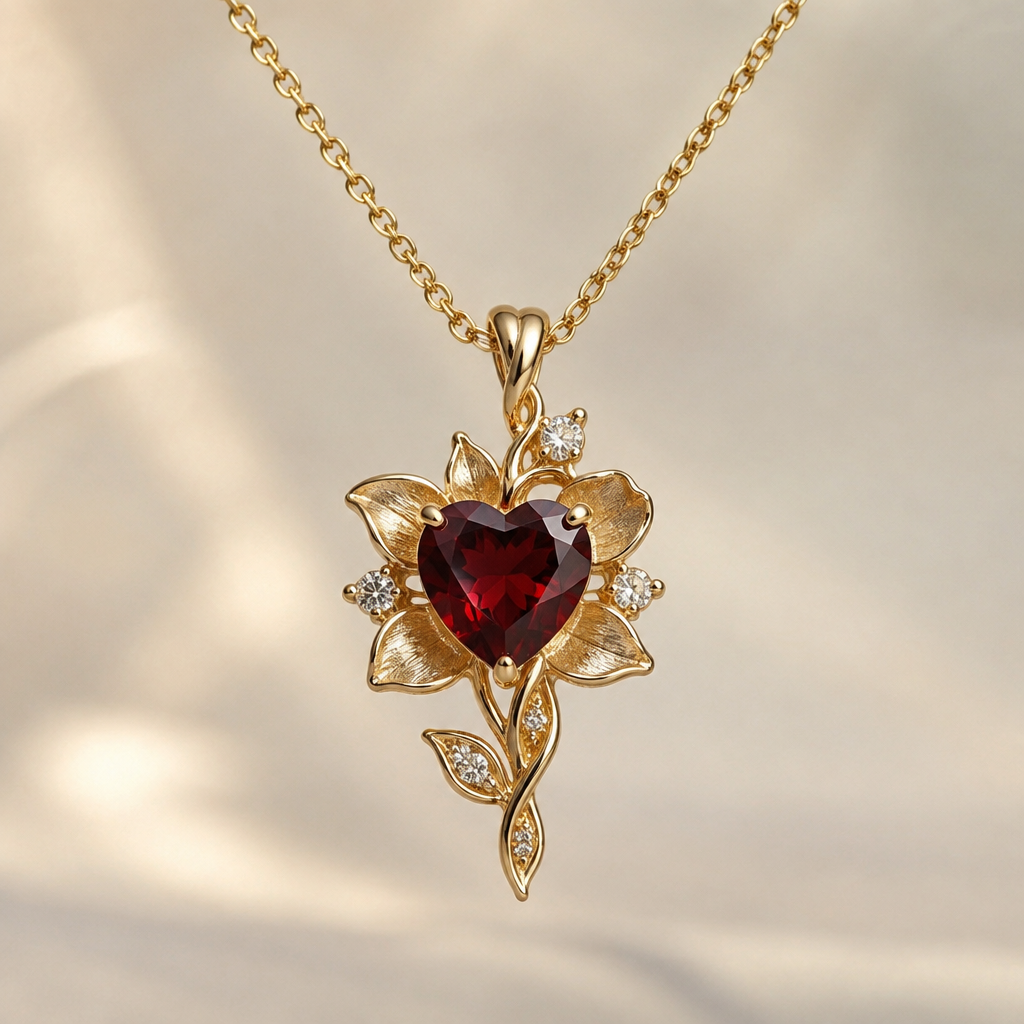 1.5 carat heart shaped garnet, yellow gold dainty necklace, make it look like a flower
photorealistic jewelry design, 1.5 carat heart shaped garnet, yellow gold dainty necklace, make it look like a flower, nature_inspired style, just the design no text