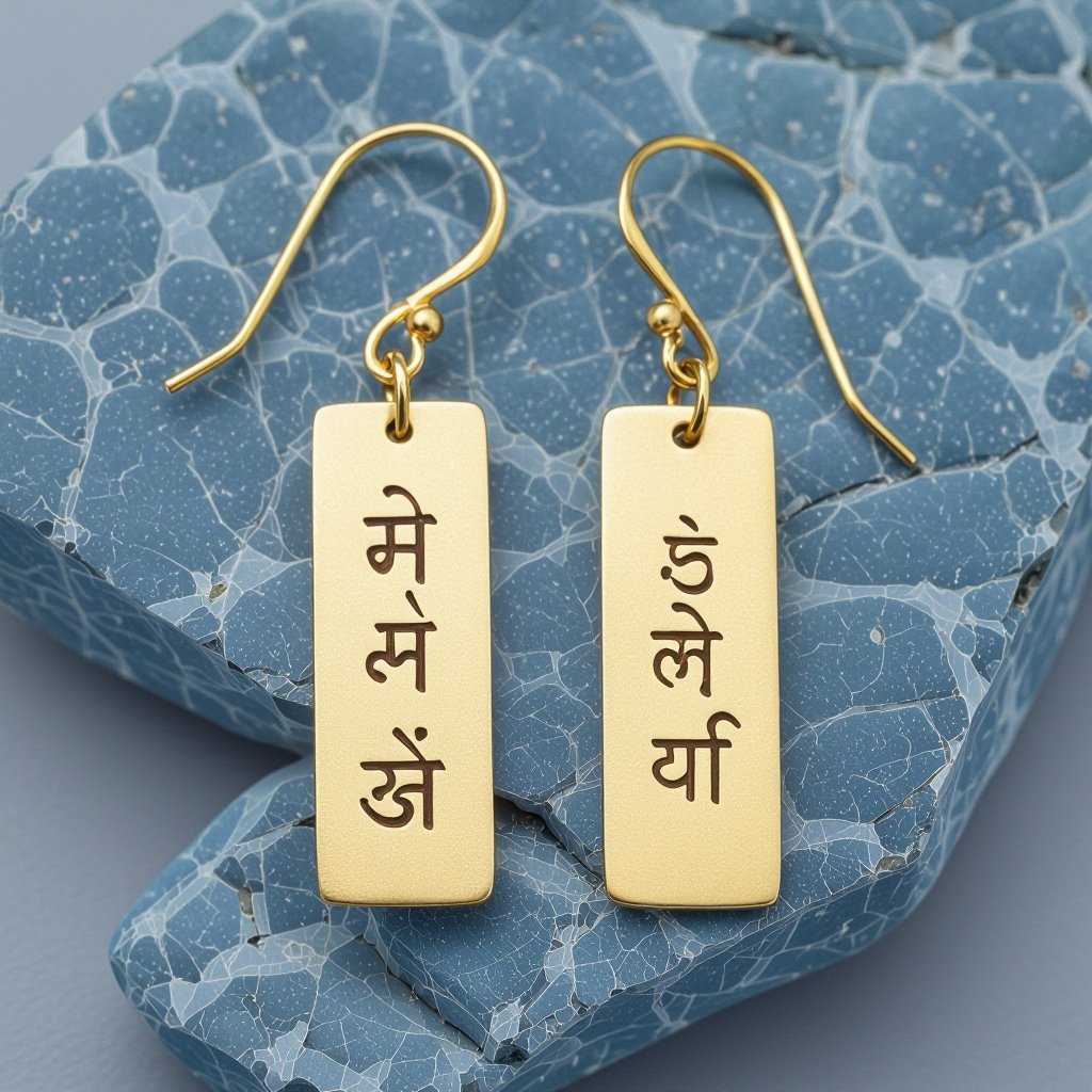 Золотые матовые серьги. На подвеска и виде тонкого длинного прямоугольника. На нем написана мантра Асатома на санскрите. 
