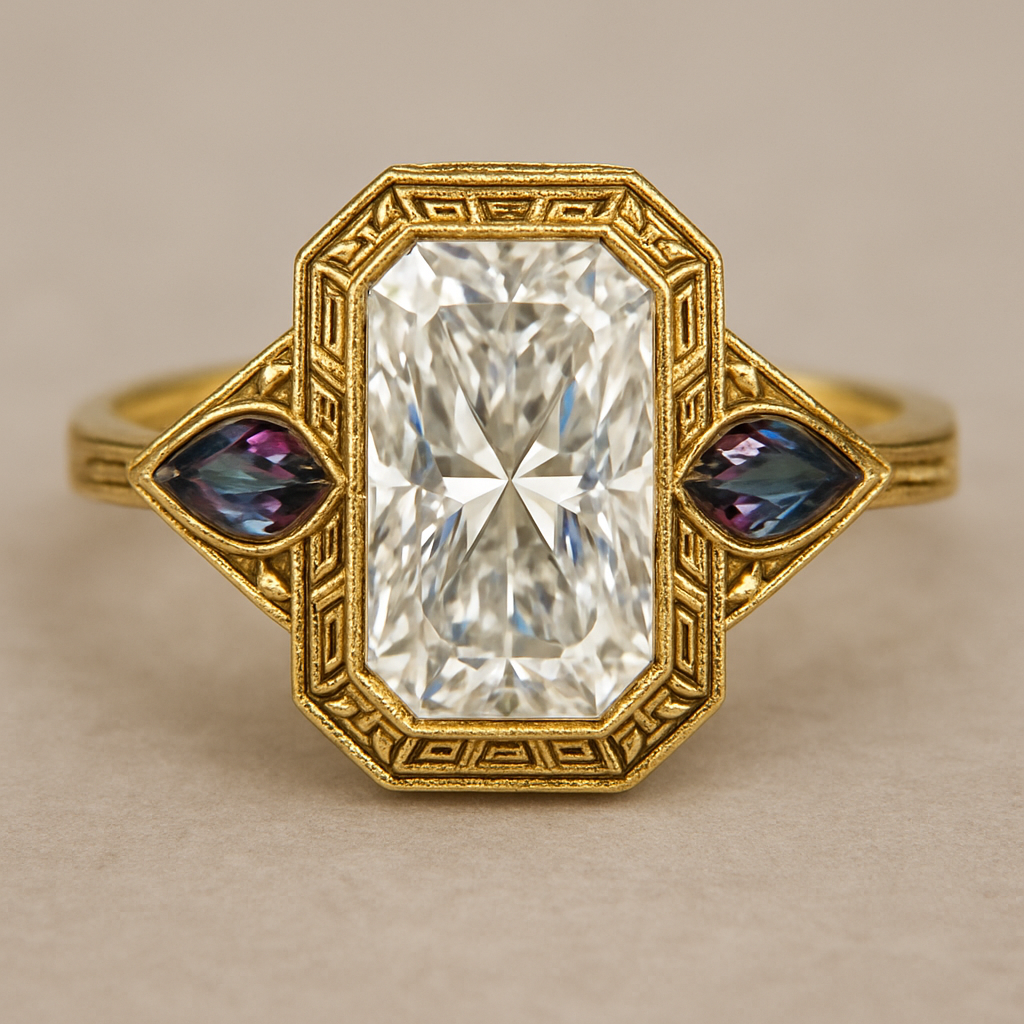 2 carat elongated cushion cut diamond engagement yellow gold ring with marquise shaped alexandrite side stones