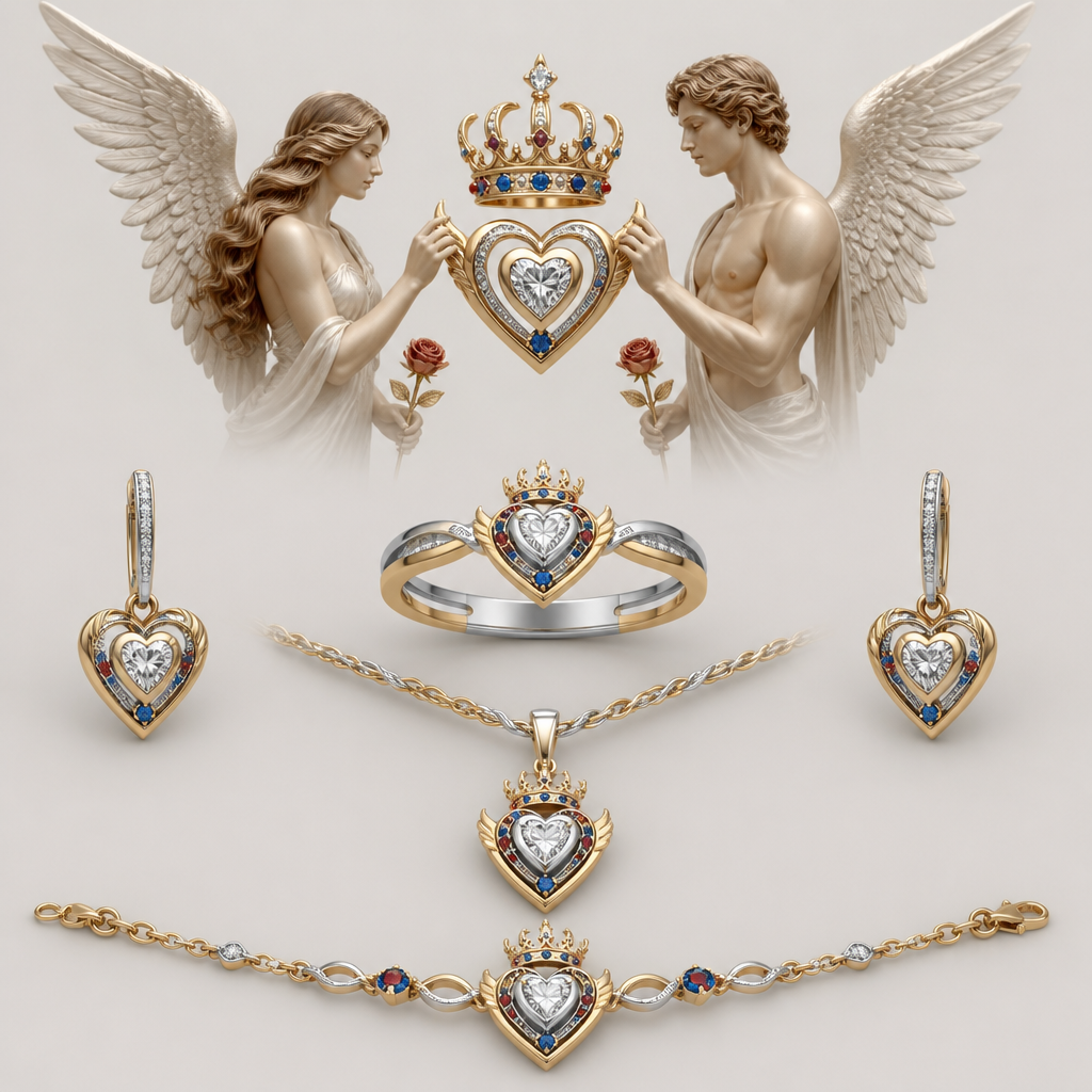 A minimalist women's ring made of mixed metal with diamond and ruby and sapphire stones suitable for wedding. An extraordinary beautiful delicate elegant and excellent set of jewelry with a beautiful delicate and elegant ring, two ear rings, a pendant and a bracelet with a heart at the middle and a diamond in the middle of the heart over the heart to be placed a beautiful delicate and elegant queen crown with a diamond in the middle and rubies and sapphires all around the crown, with an extraordinary beautiful delicate and elegant female Angel with a beautiful delicate and elegant face with long hair holding a heart with Her right hand and a rose with Her left hand at the right side of the heart and an extraordinary beautiful delicate and elegant male Angel with an extraordinary beautiful delicate elegant and fit body with a beautiful delicate and elegant face with short hair holding a heart with His right hand and a rose with His left hand at the left side of the heat.